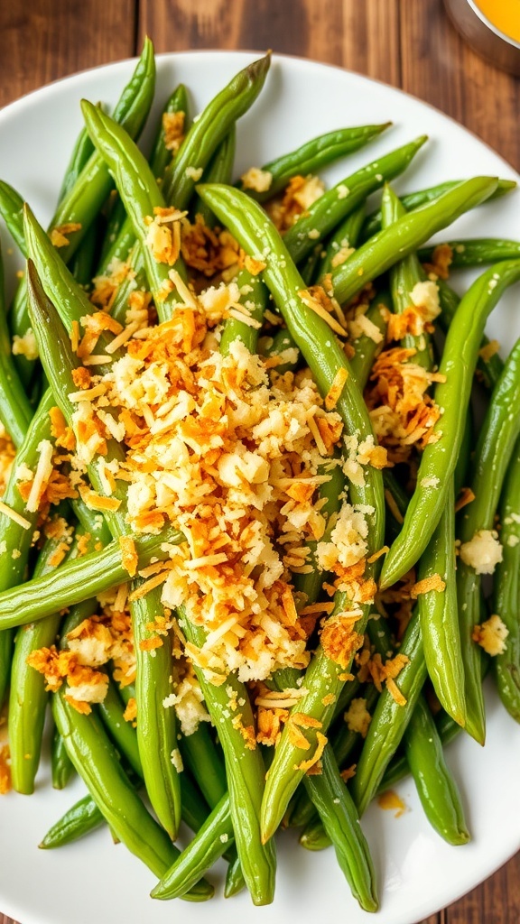 Baked green beans topped with Parmesan cheese on a rustic wooden table.